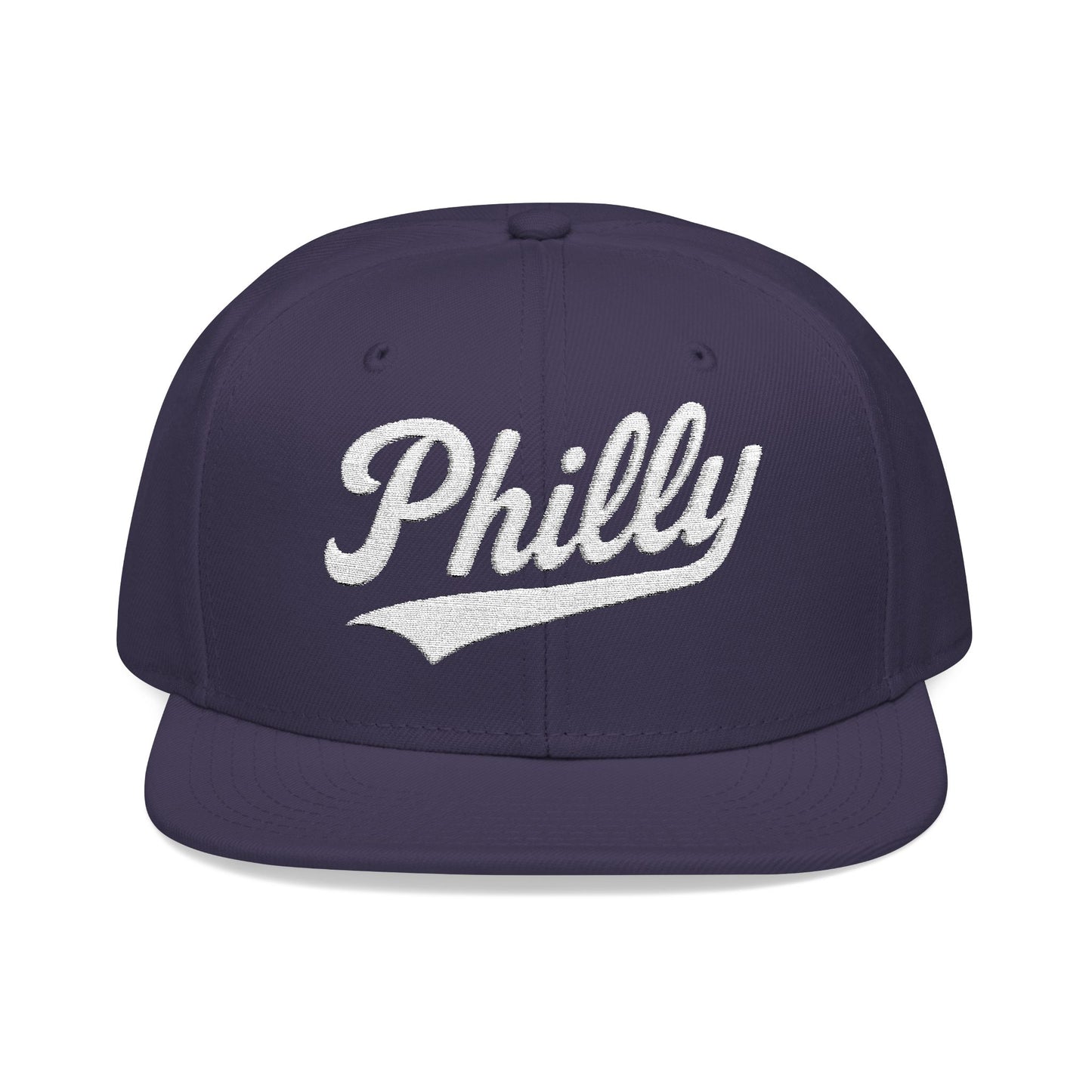 Dark purple snapback hat with white "Philly" embroidery.