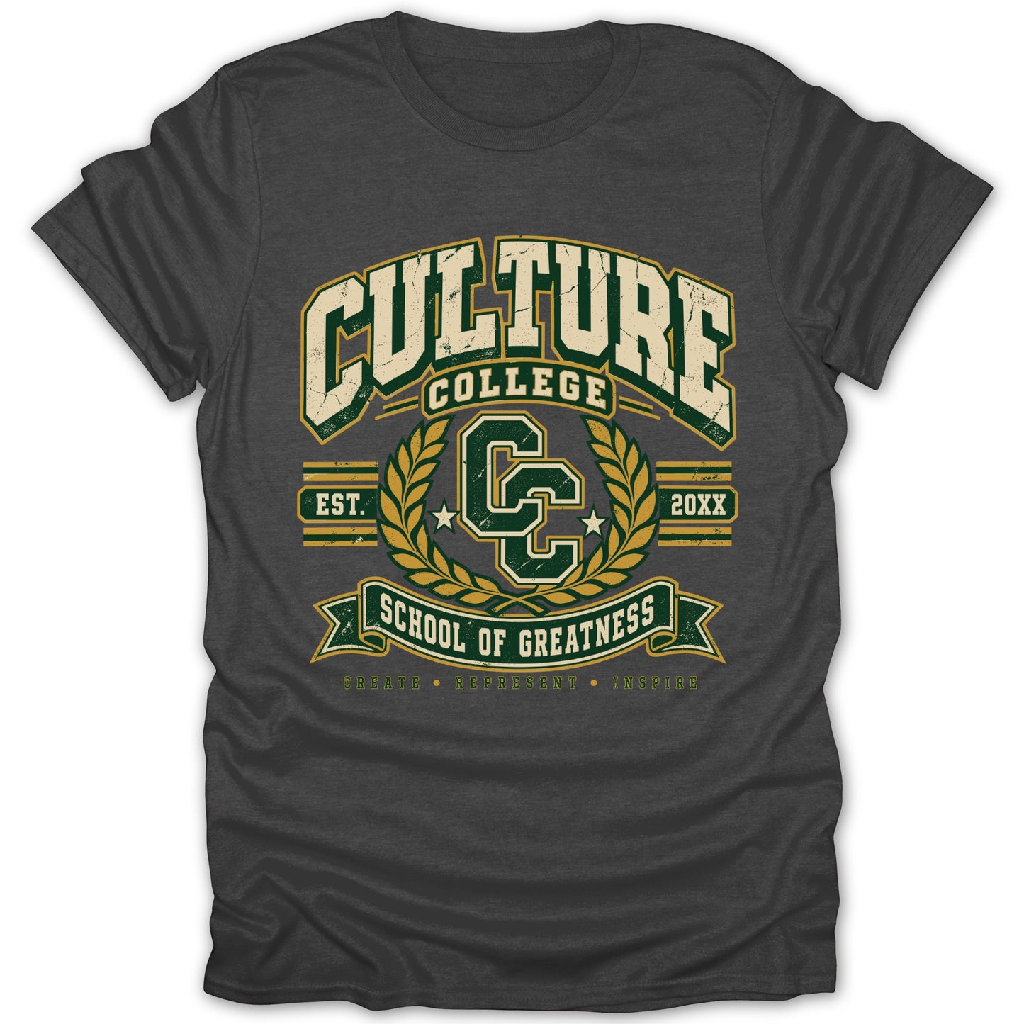 Dark gray t-shirt with distressed "Culture College" logo and "School of Greatness" text.