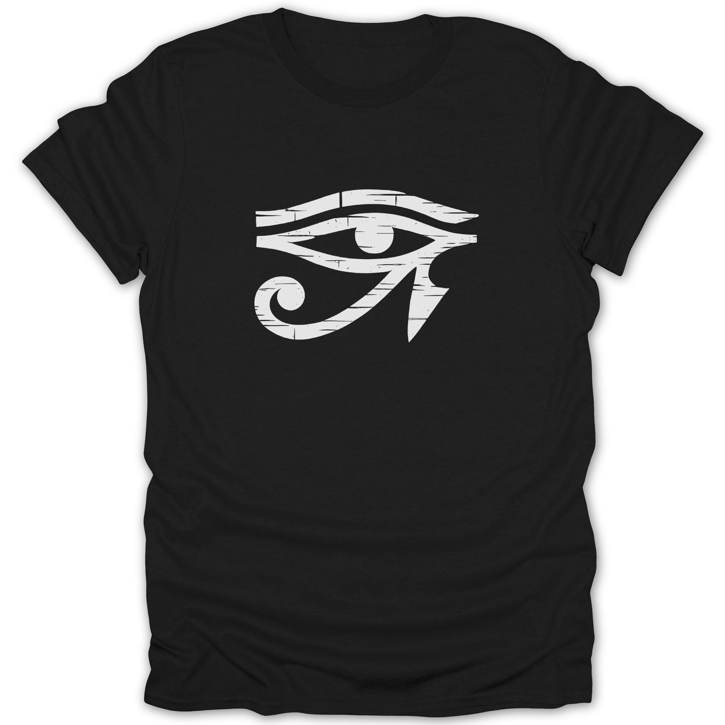 Black t-shirt with a distressed white Eye of Horus graphic.