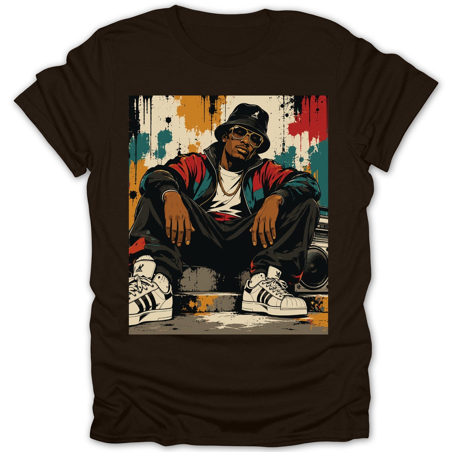Illustration of a man in a bucket hat and tracksuit sitting by a boombox.