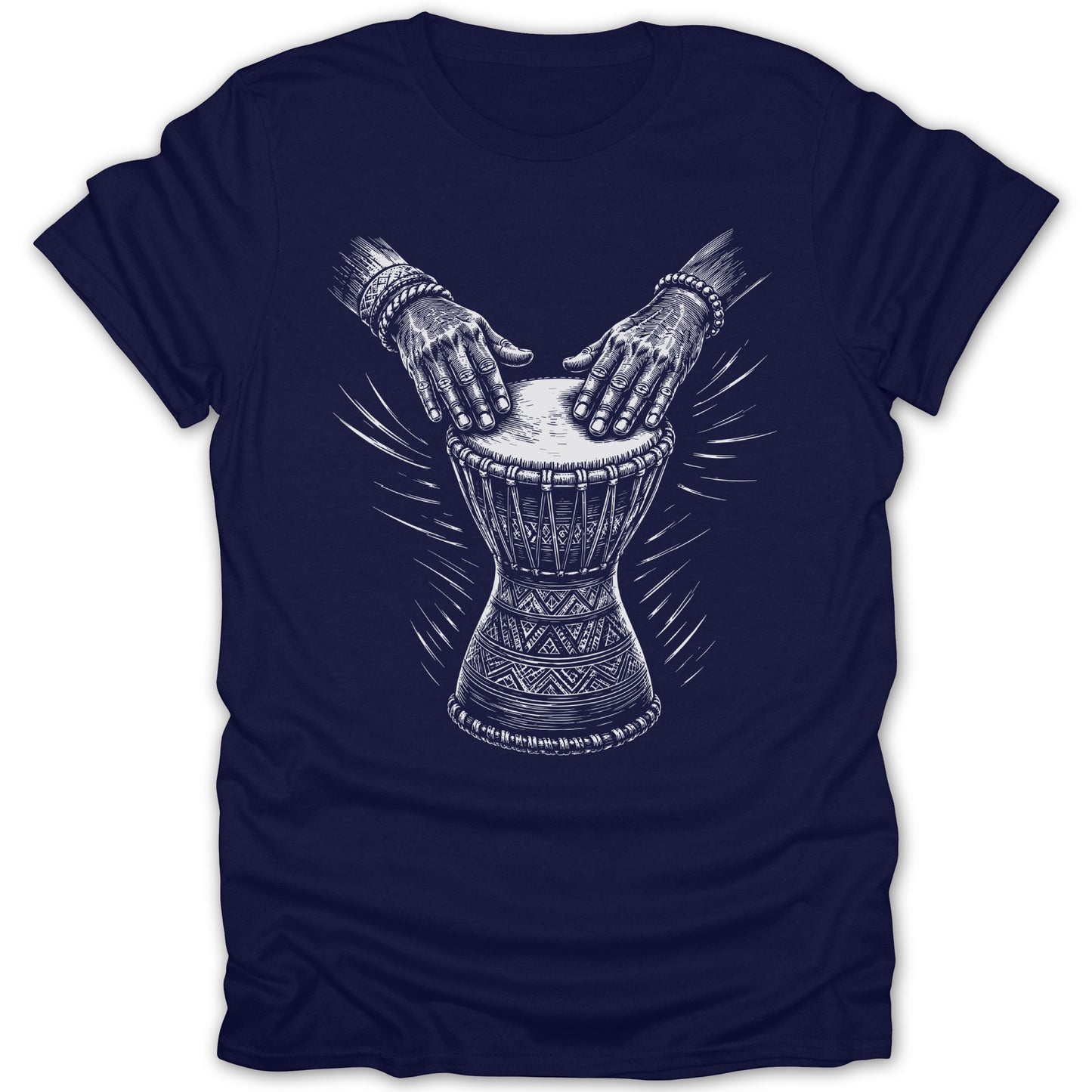 Hands playing a djembe drum with intricate patterns and radiating lines.