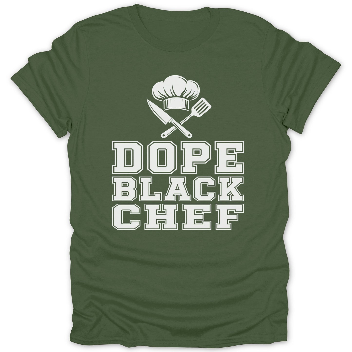 Green t-shirt with white text "DOPE BLACK CHEF" and chef hat graphic.