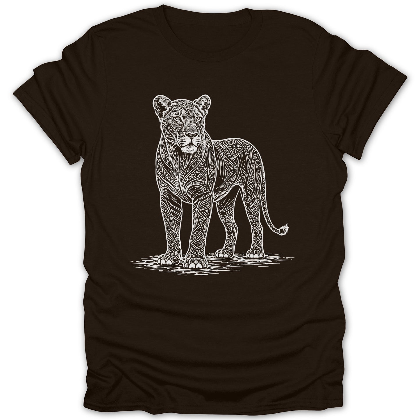 Brown t-shirt with white intricate lioness illustration.