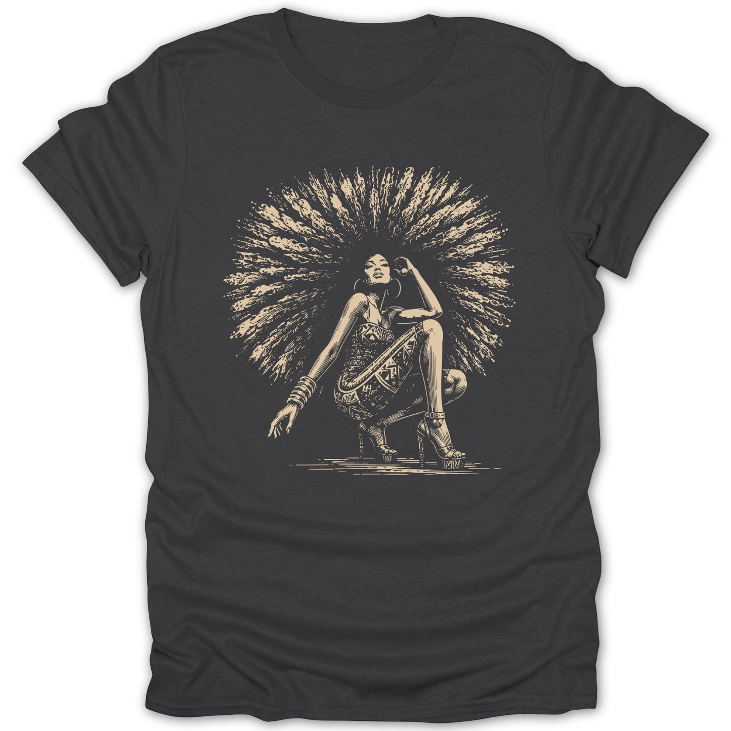 T-shirt with a line art drawing of a woman with large afro hair, crouching.