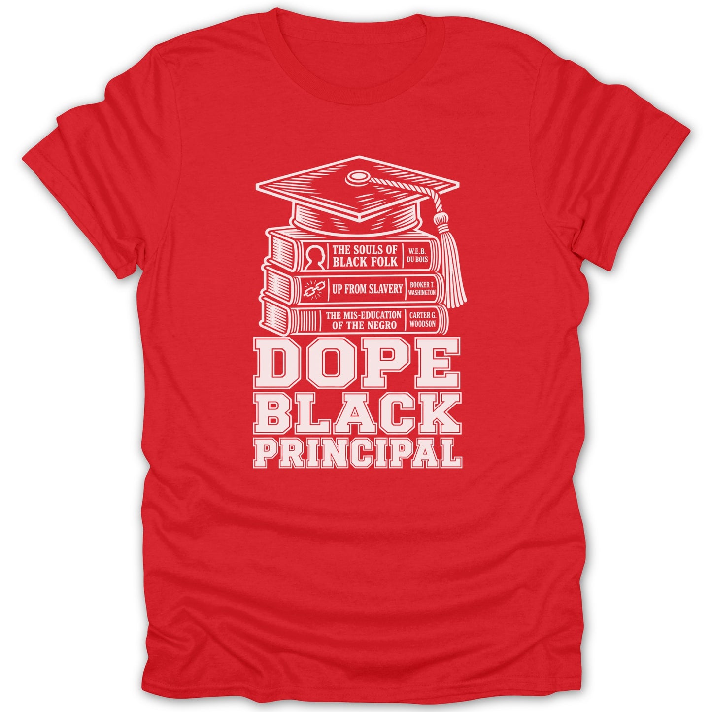 Red t-shirt with white text and graphics of stacked books and a graduation cap.