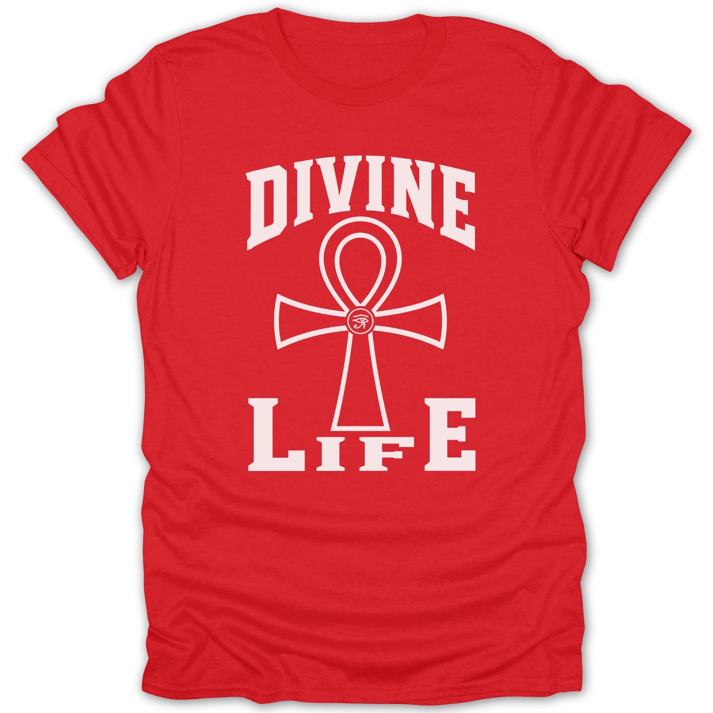 Red t-shirt with white "DIVINE LIFE" text and an ankh symbol.