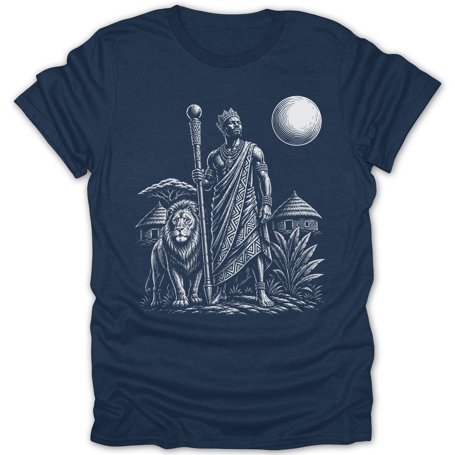Line drawing of an African king with a lion, huts, and a sun on a dark t-shirt.