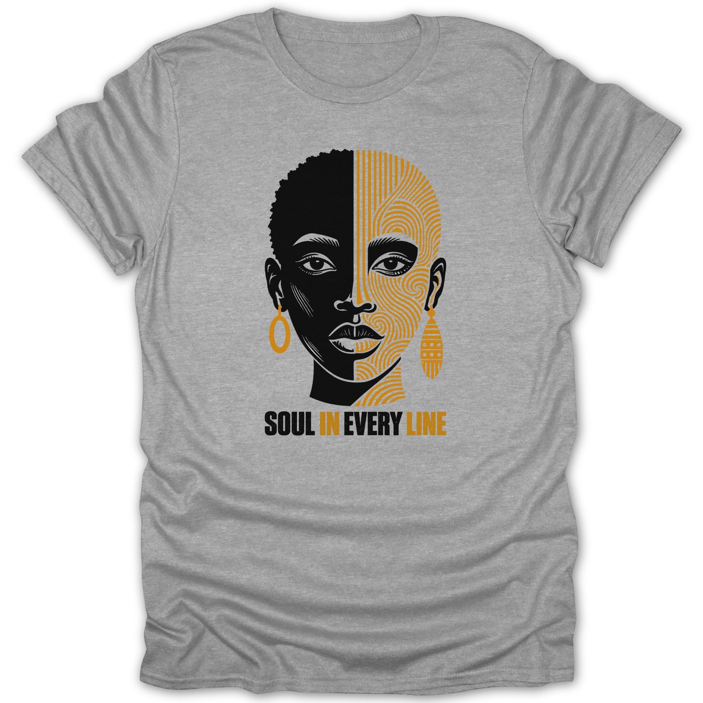 Grey t-shirt with a graphic featuring a woman's face split with text "SOUL IN EVERY LINE".