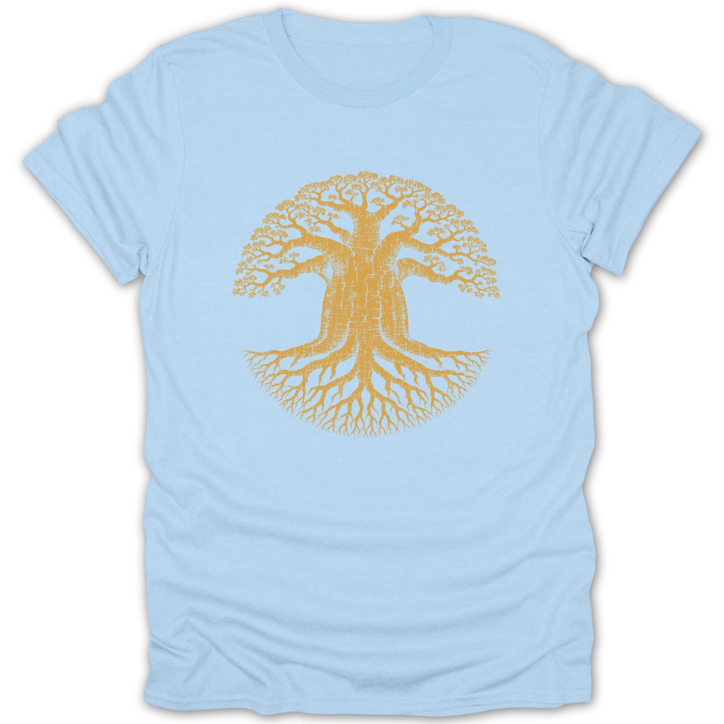 Light blue t-shirt with a yellow graphic of a tree with extensive roots.