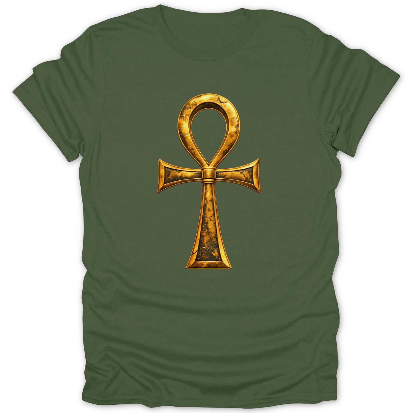 Green t-shirt with a gold, cracked ankh symbol centered on the chest.