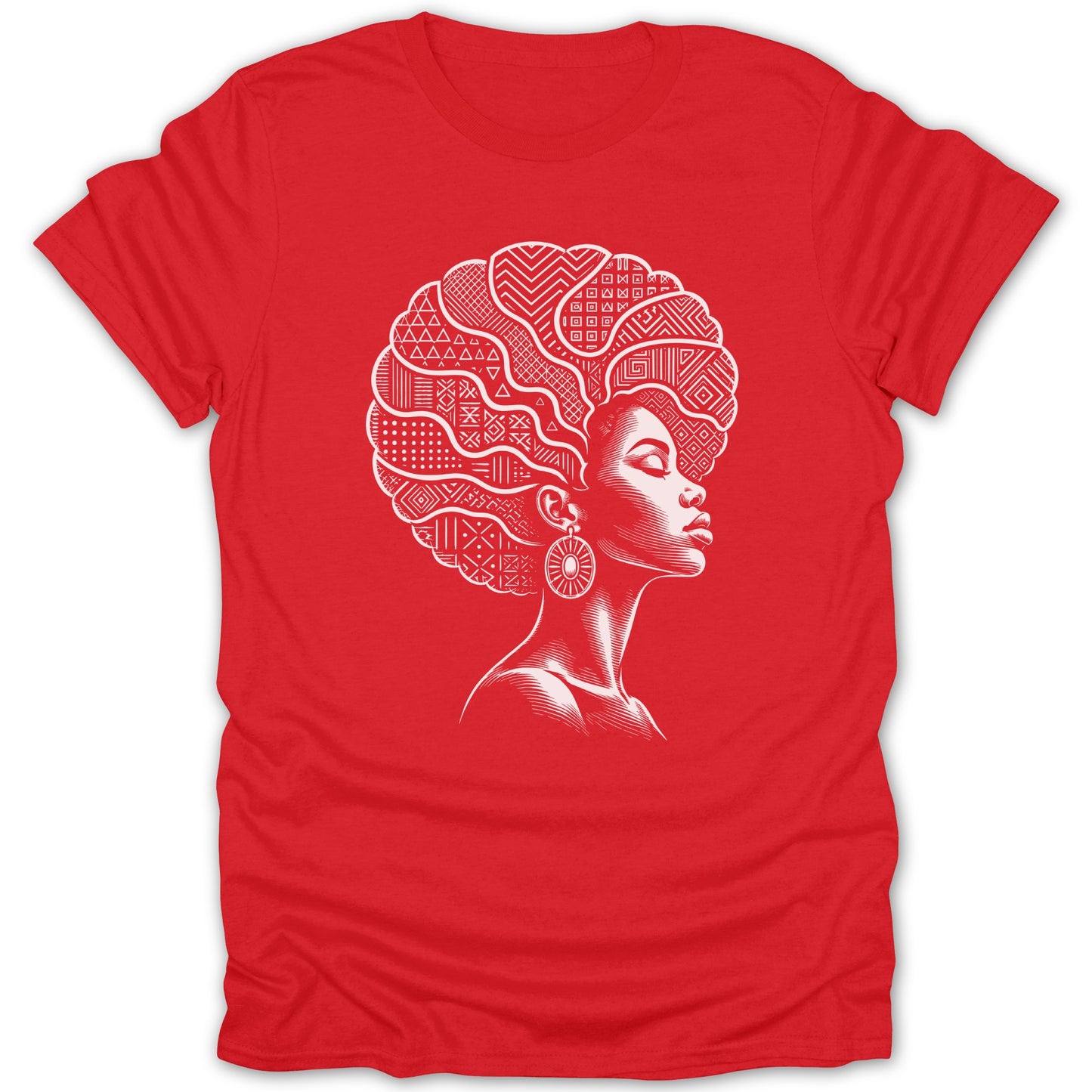 Red t-shirt with white graphic of woman's profile and patterned afro.