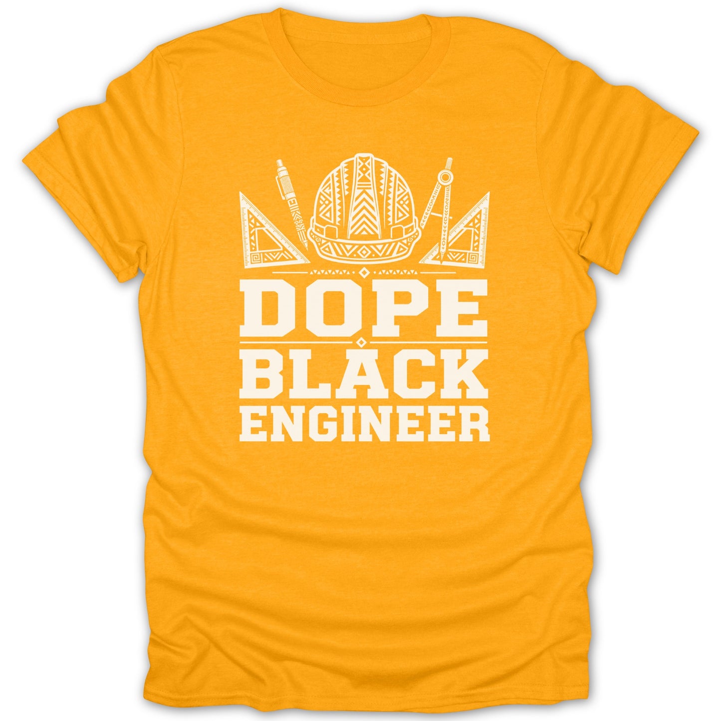 Yellow t-shirt with white text "DOPE BLACK ENGINEER" and engineering graphics.