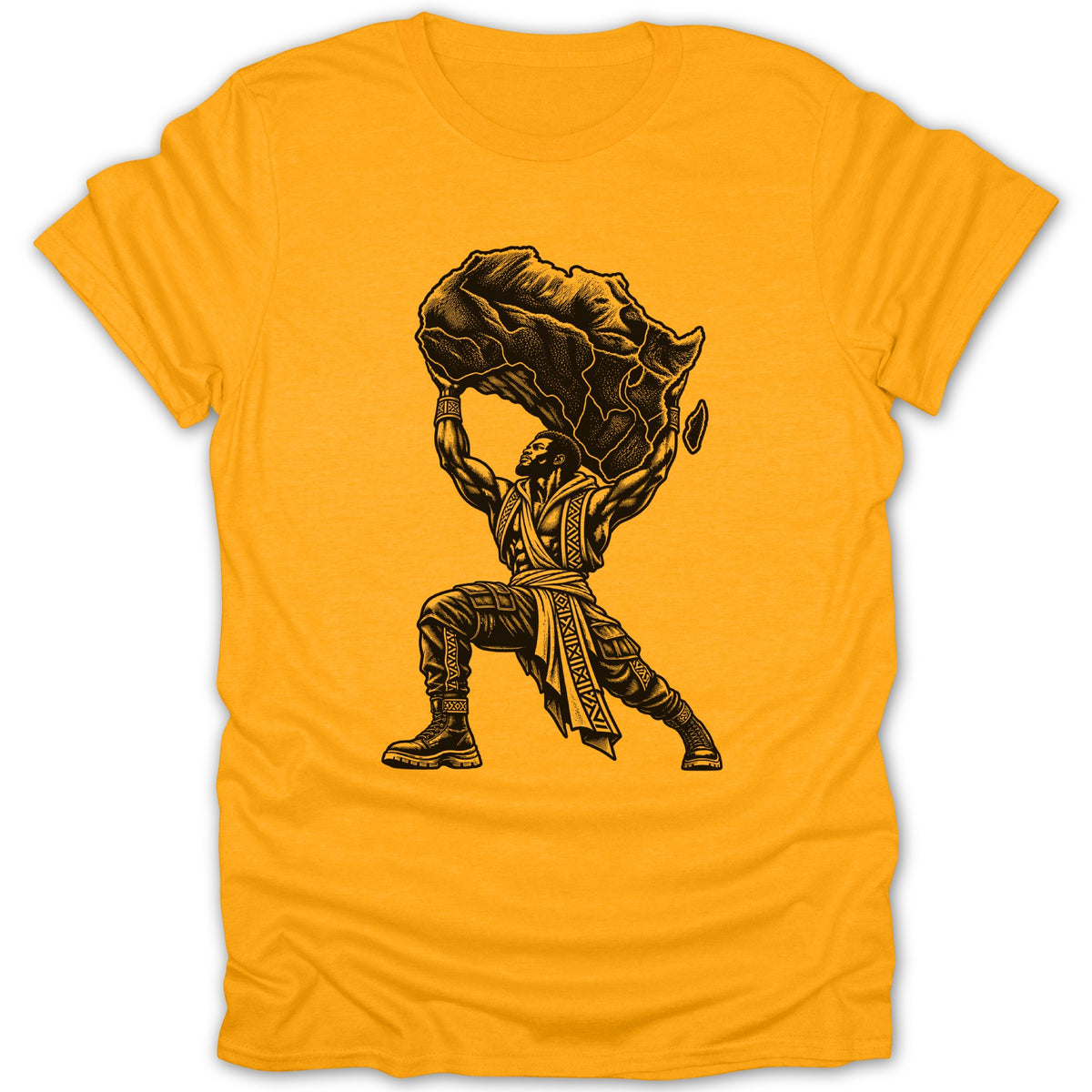 Black and white illustration of a man holding the continent of Africa over his head on a yellow t-shirt.