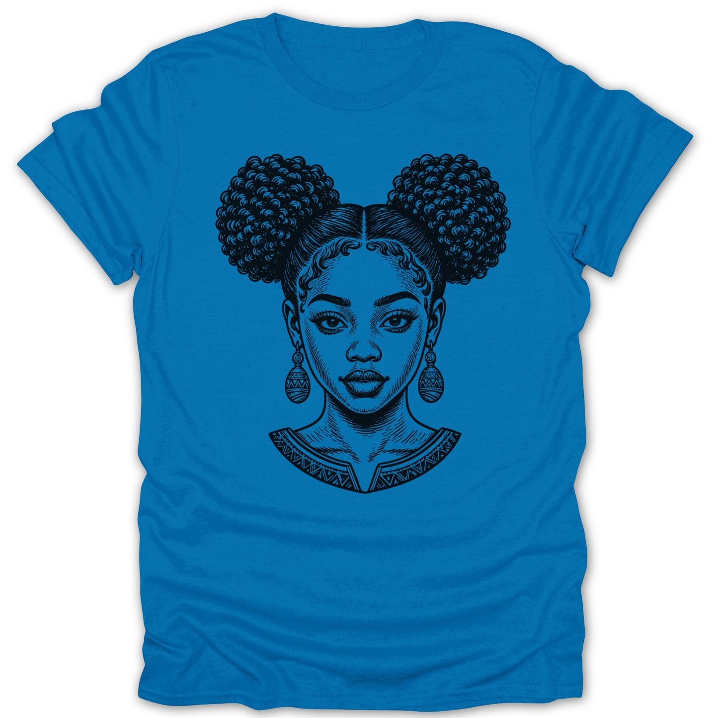 Black line art portrait of a woman with her hair styled in two buns over a blue t-shirt.