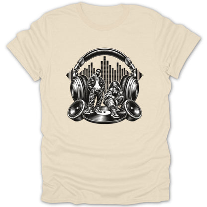Black and white graphic of two people, headphones, speakers, and a turntable.