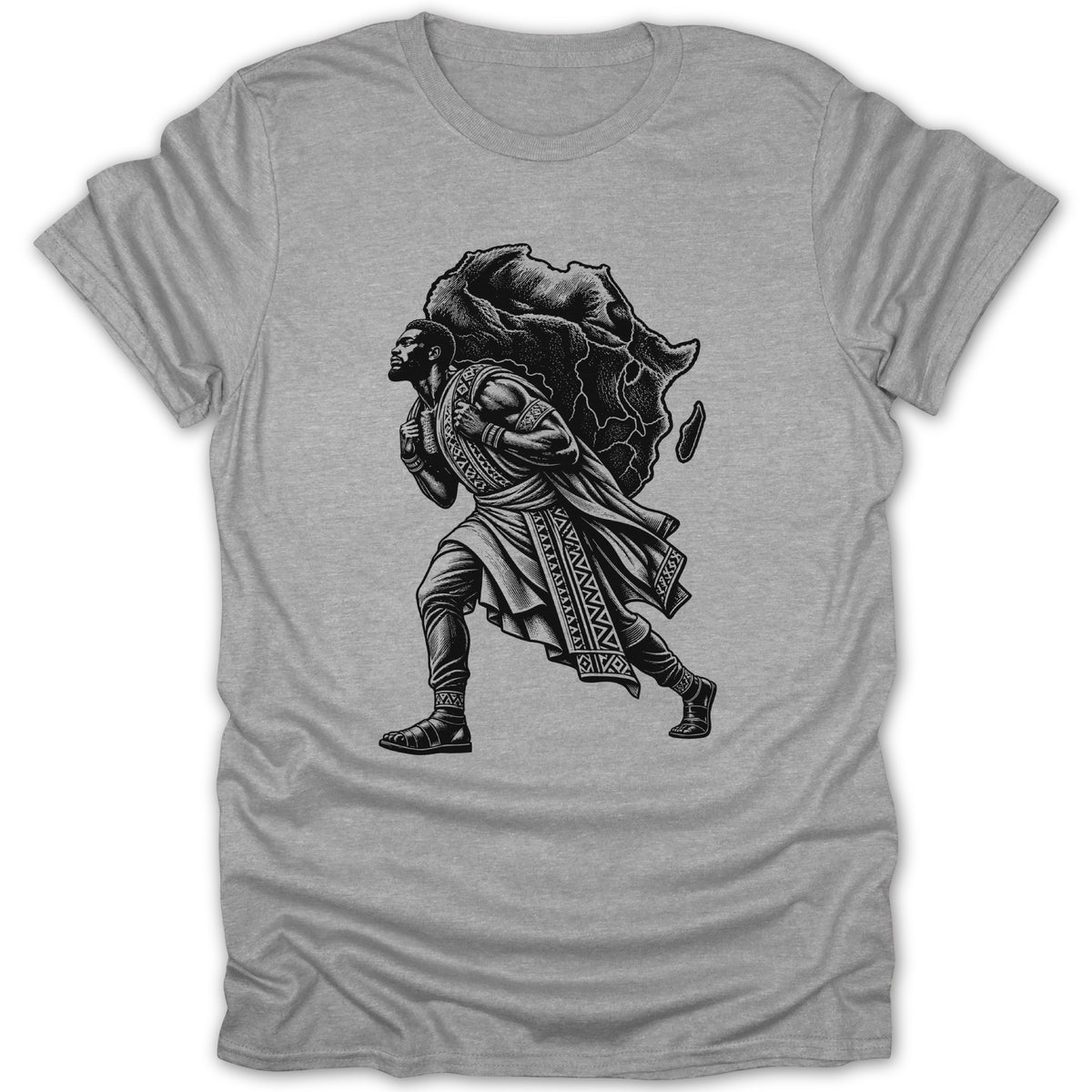 Black and white graphic of a man carrying the continent of Africa on his shoulders.