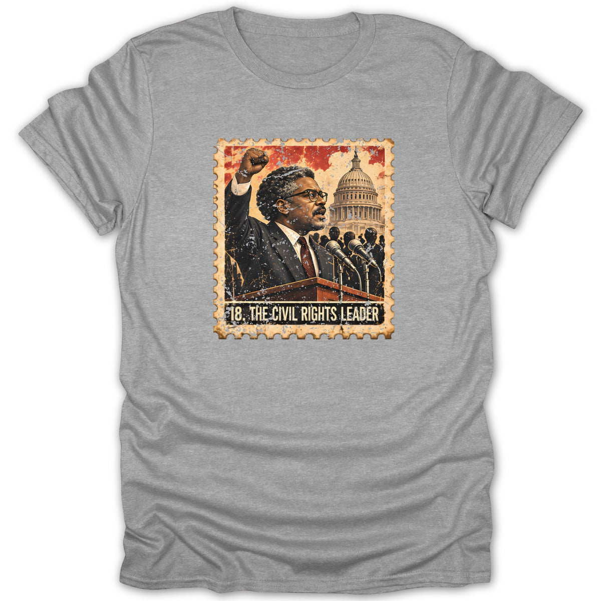 Heather gray t-shirt featuring a postage stamp graphic of a civil rights leader speaking at a podium.