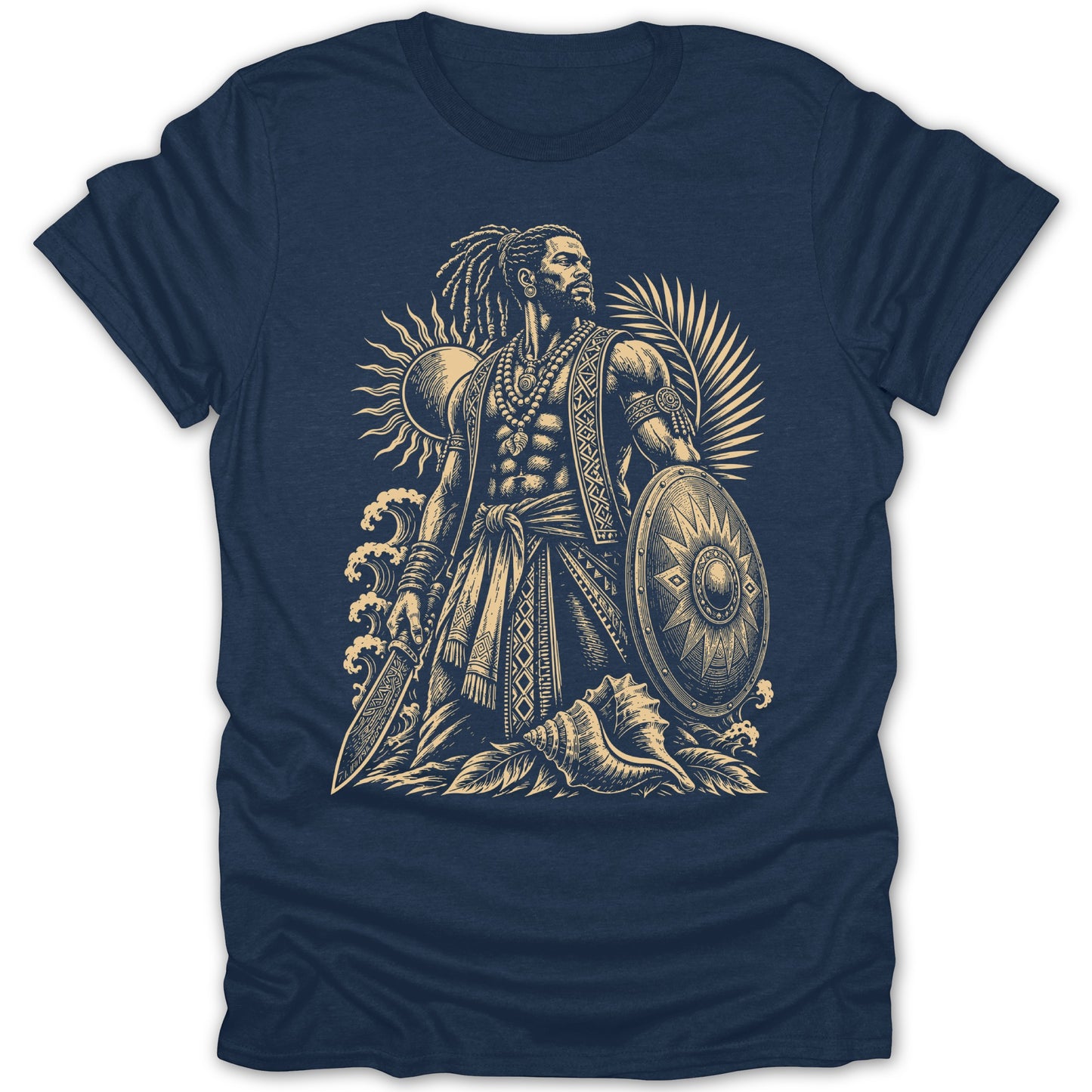 T-shirt with a dark blue base, featuring a beige illustration of a warrior with dreadlocks.