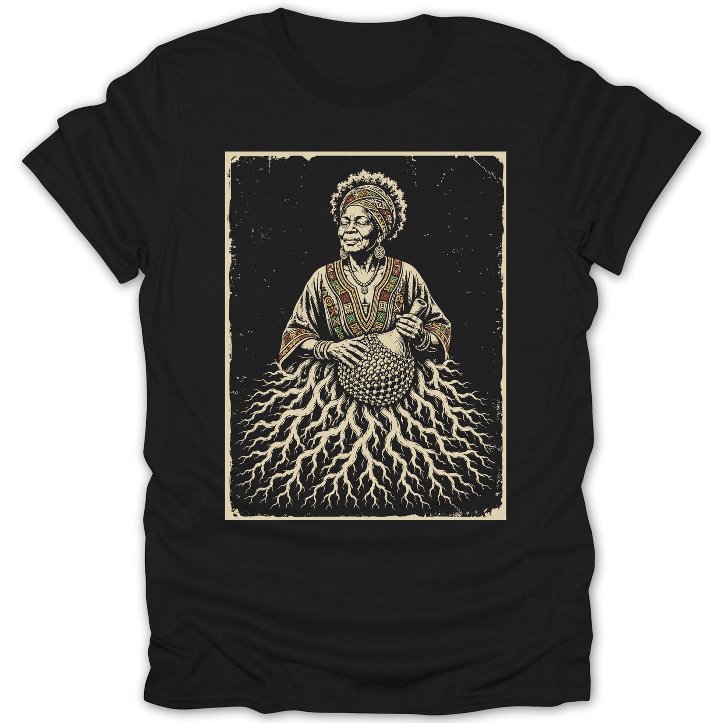 Illustration of an elder woman with traditional clothing and headdress playing a shaker.