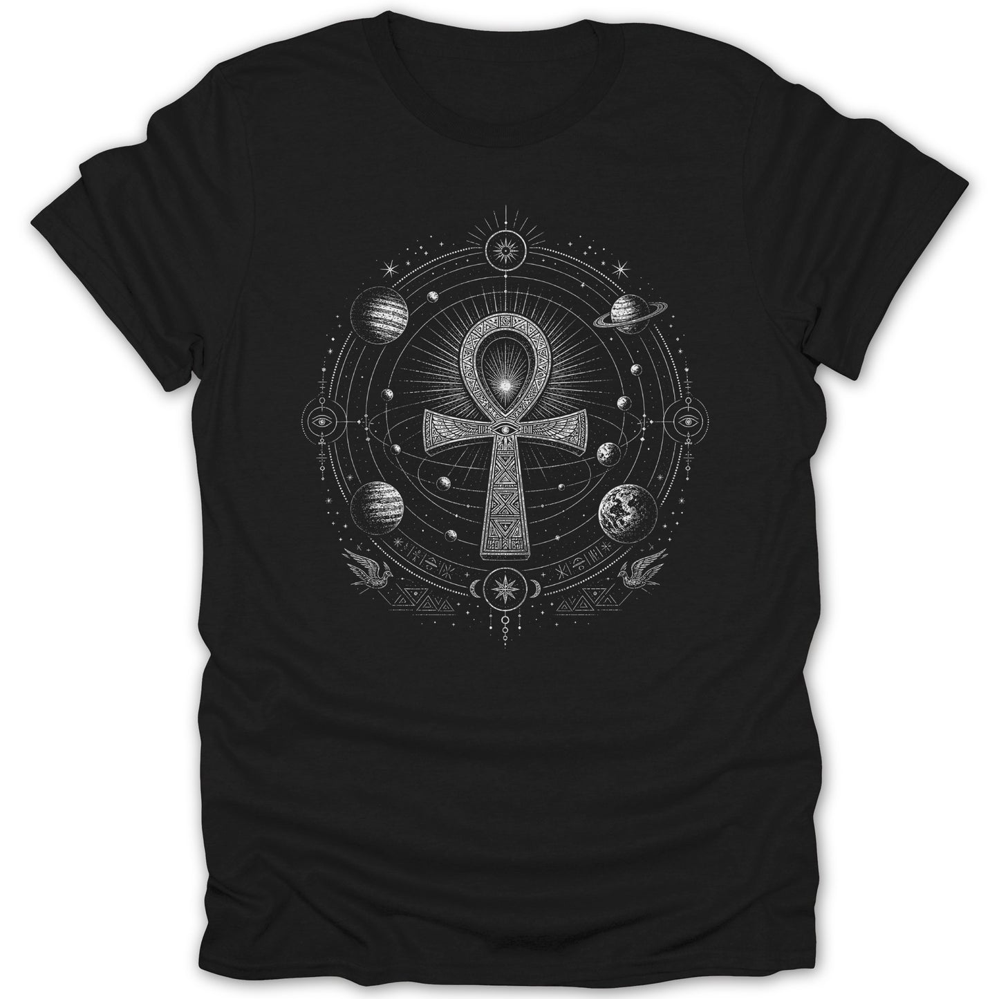 Black t-shirt with a white ankh symbol surrounded by planets and celestial designs.