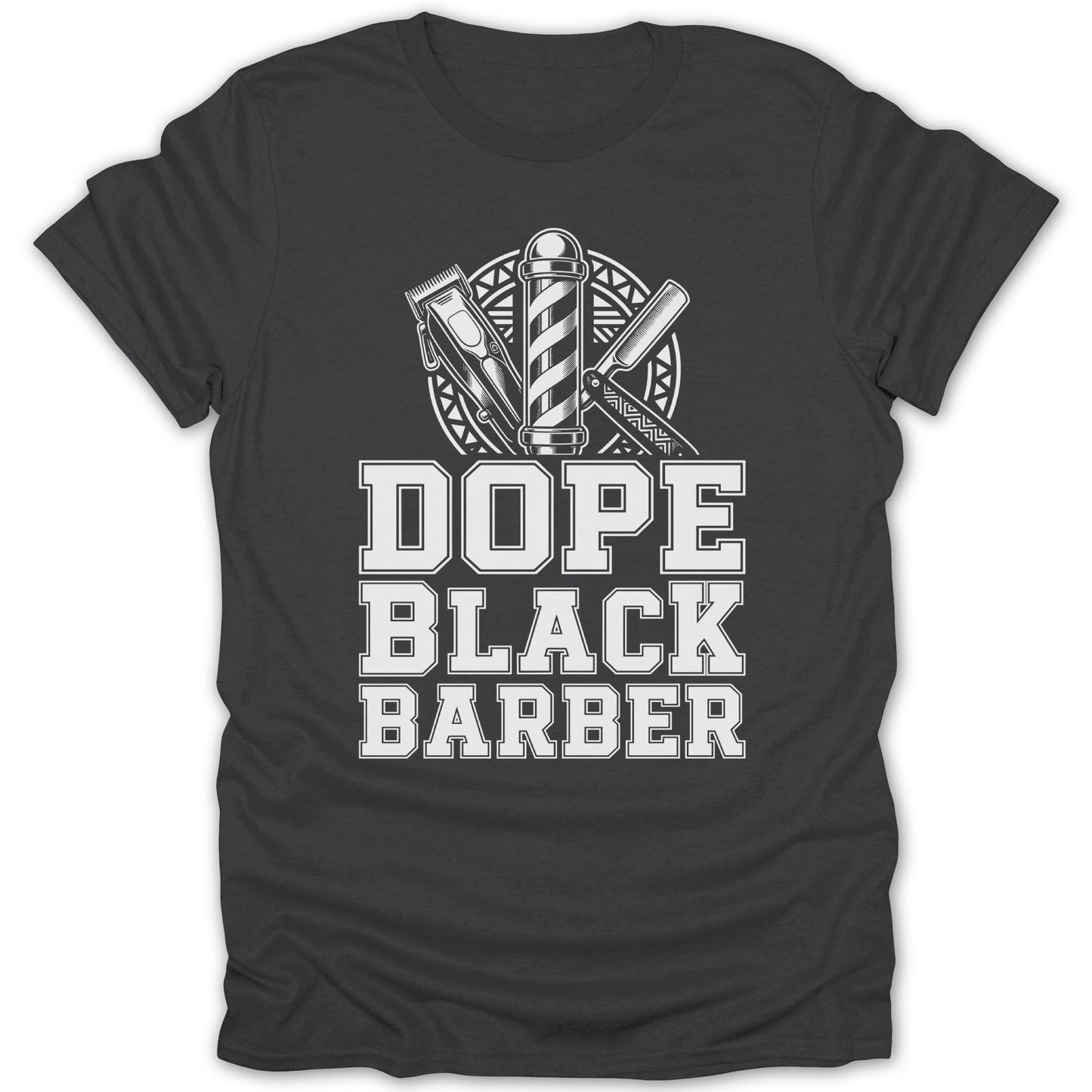 Dope Black Barber text with barber pole, clipper, and razor design.