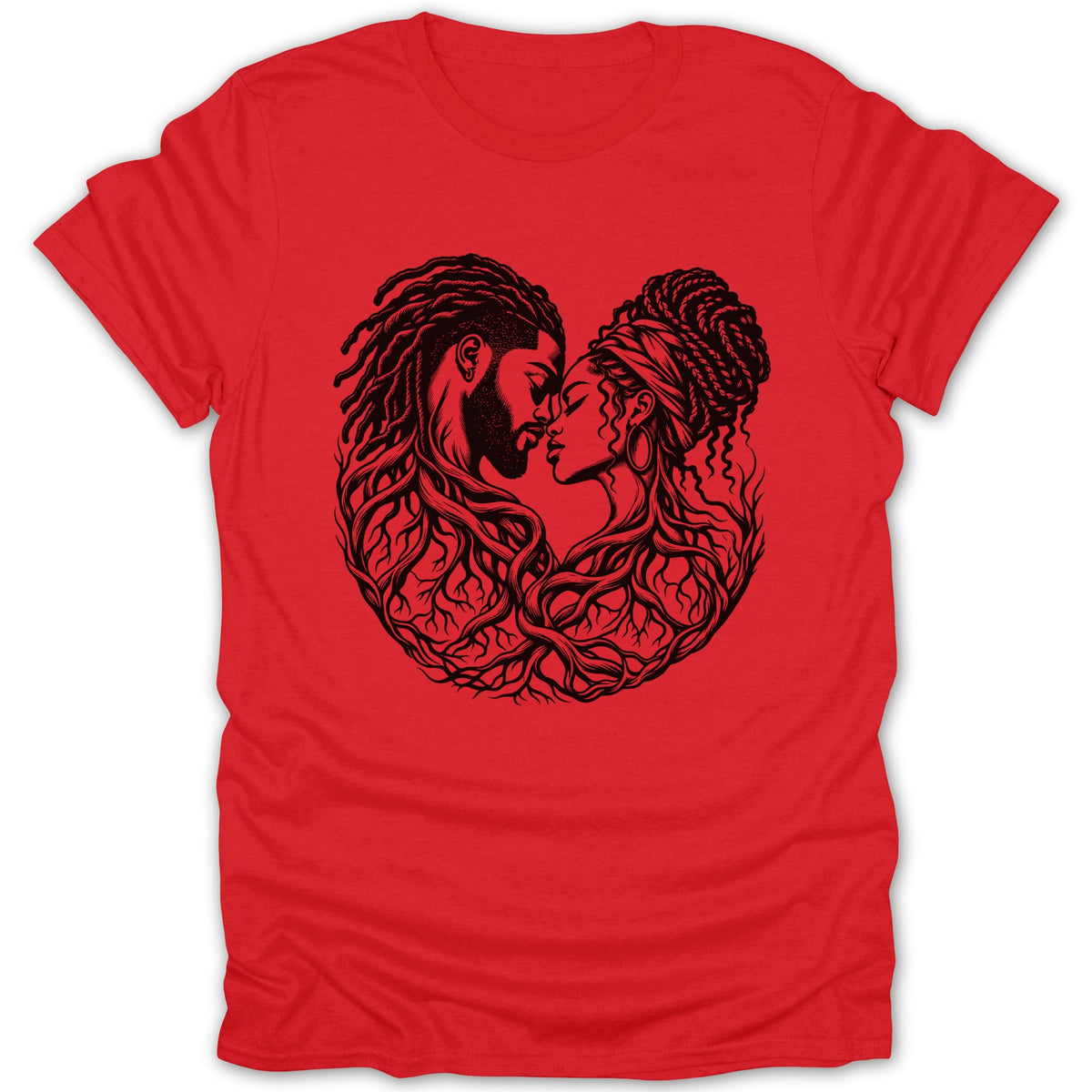 Black line art of a couple embracing with intertwined roots forming a heart on a red t-shirt.