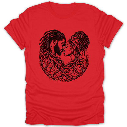 Black line art of a couple embracing with intertwined roots forming a heart on a red t-shirt.