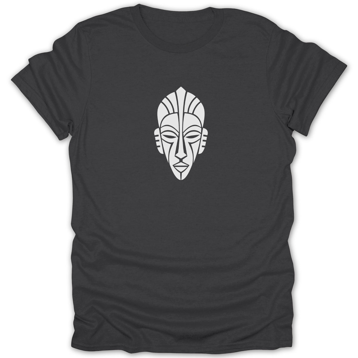 A dark gray short-sleeved t-shirt featuring a centered white abstract tribal mask graphic.