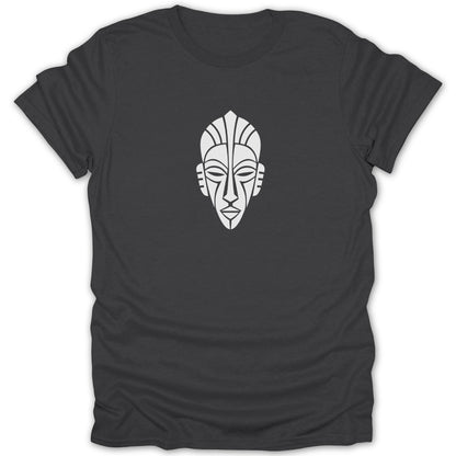 A dark gray short-sleeved t-shirt featuring a centered white abstract tribal mask graphic.