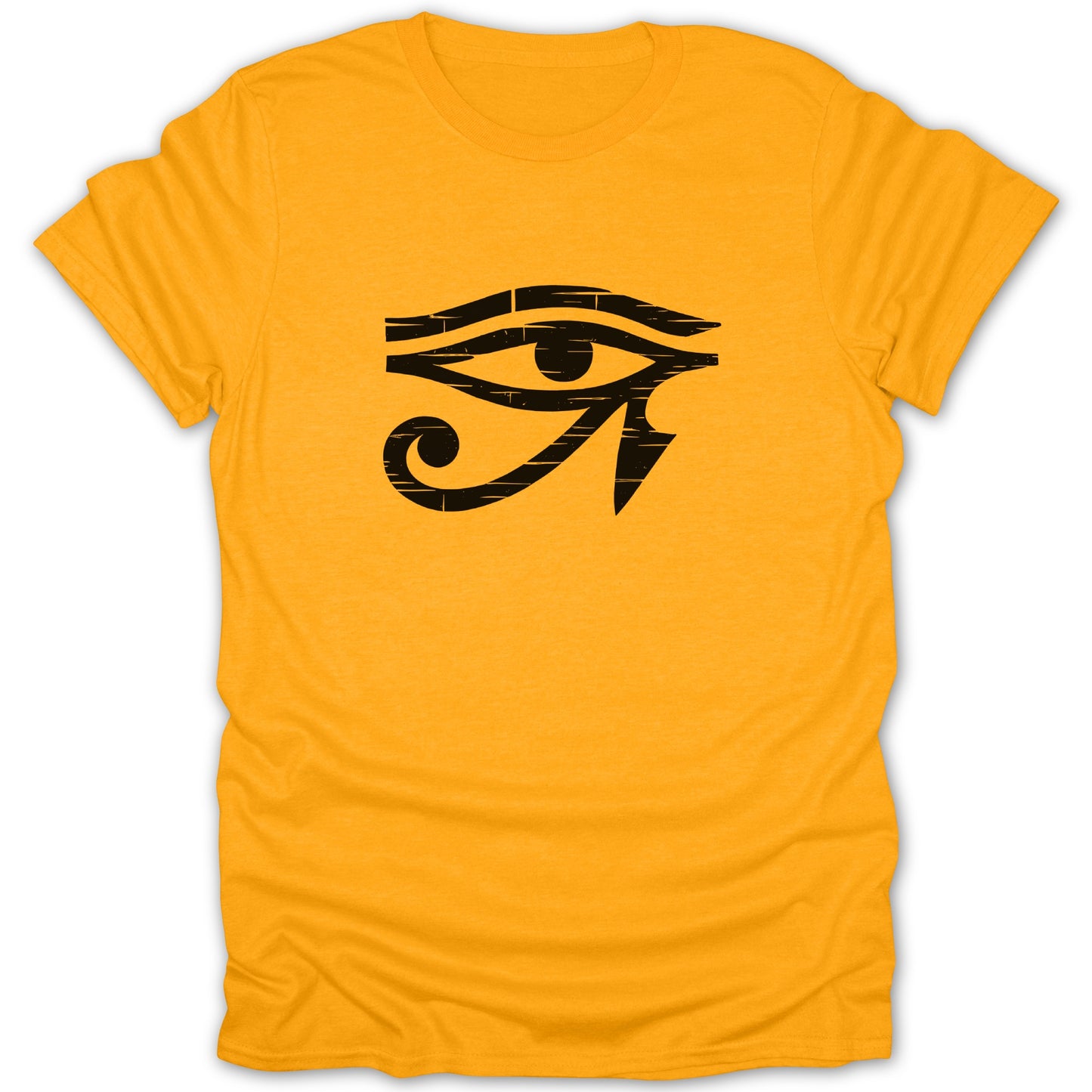 Yellow t-shirt with a distressed black Egyptian Eye of Horus graphic.