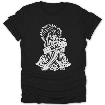 Black t-shirt with graphic of a woman wrapped in bandages reading "HEAL".