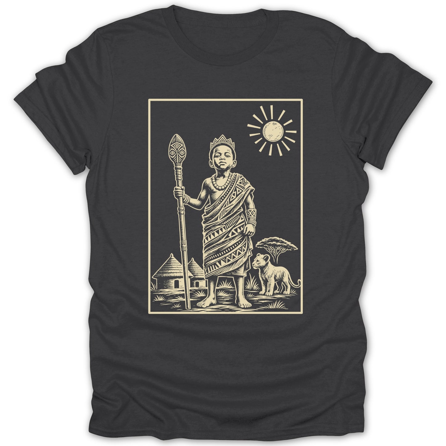 Illustration of a young boy wearing a crown and traditional African clothing, holding a staff, with a lion.