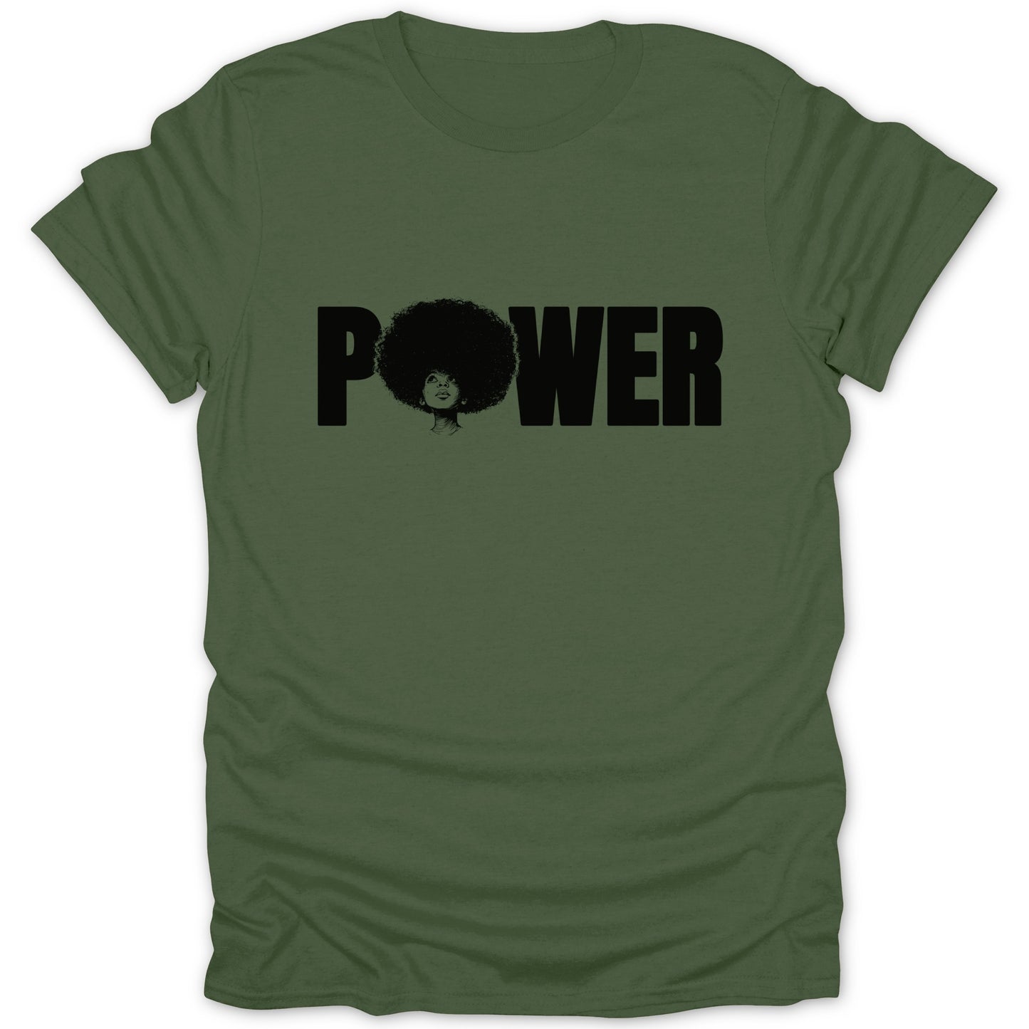 Green t-shirt with black text and image spelling out "POWER" with a woman's face.