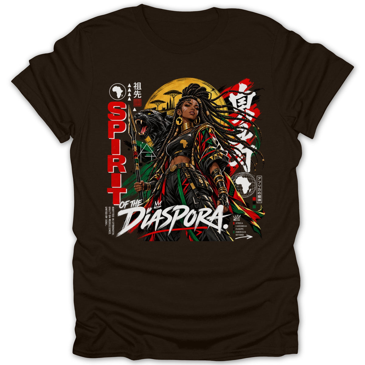 Spirit of the Diaspora with woman, panther, and African flag colors.