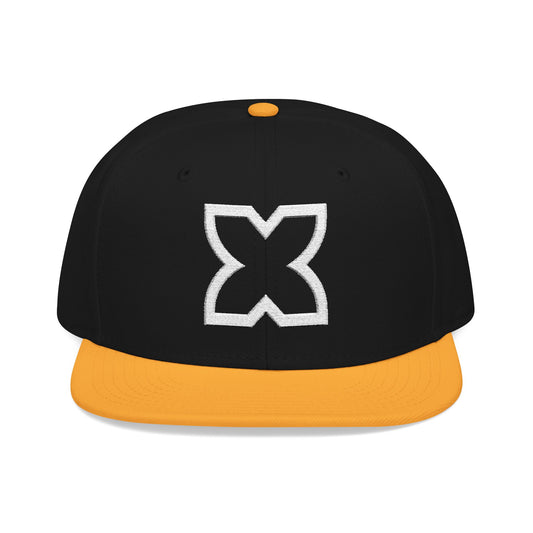 Black flat-brimmed cap with orange bill and white embroidered 'X' logo.