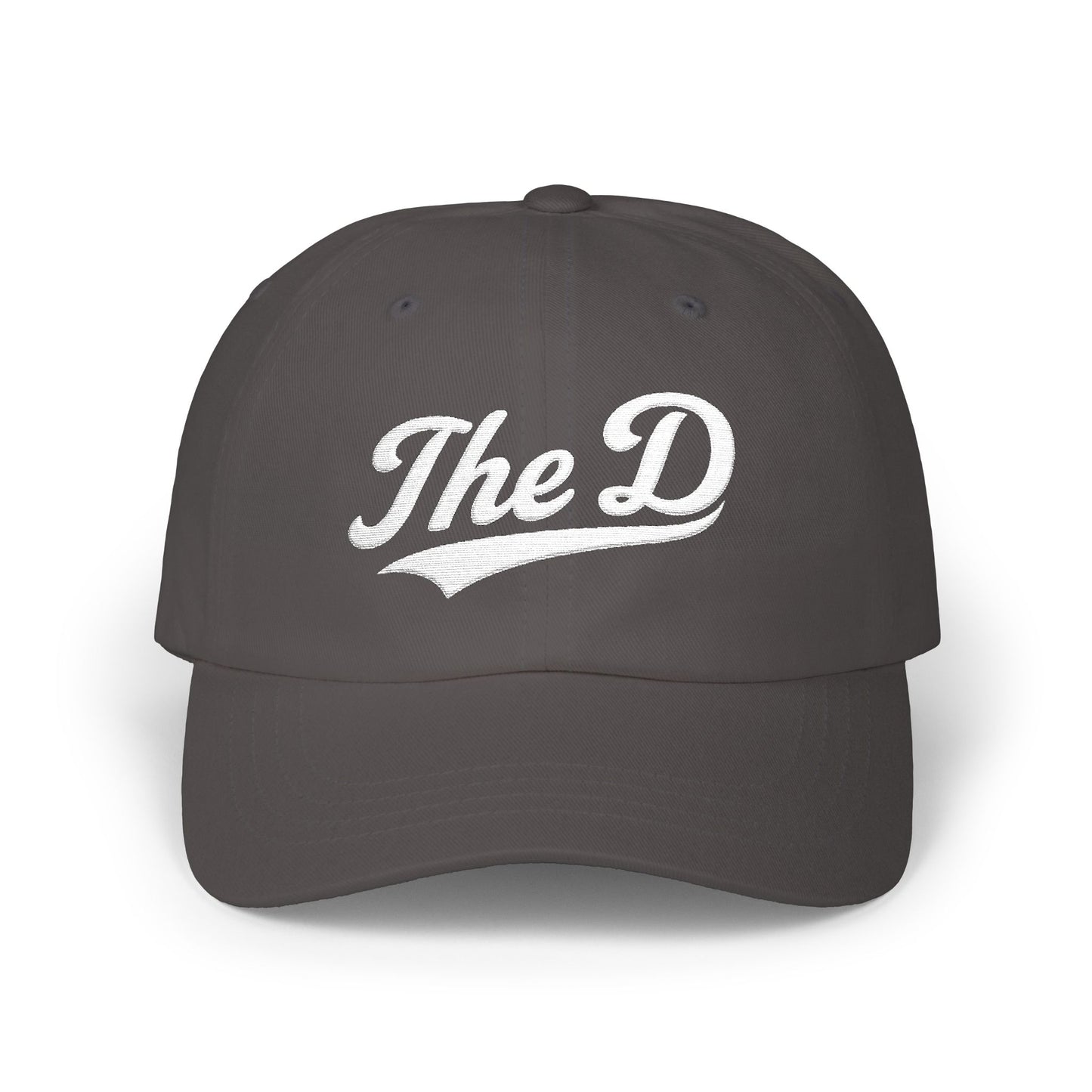 Dark gray baseball cap with "The D" embroidered in white.