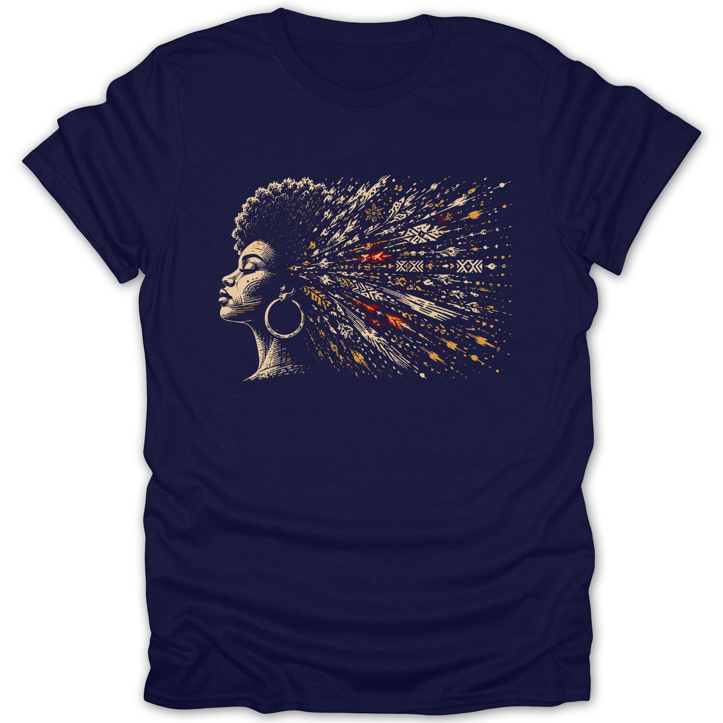 T-shirt with a profile of a woman with exploding, patterned hair in warm tones.