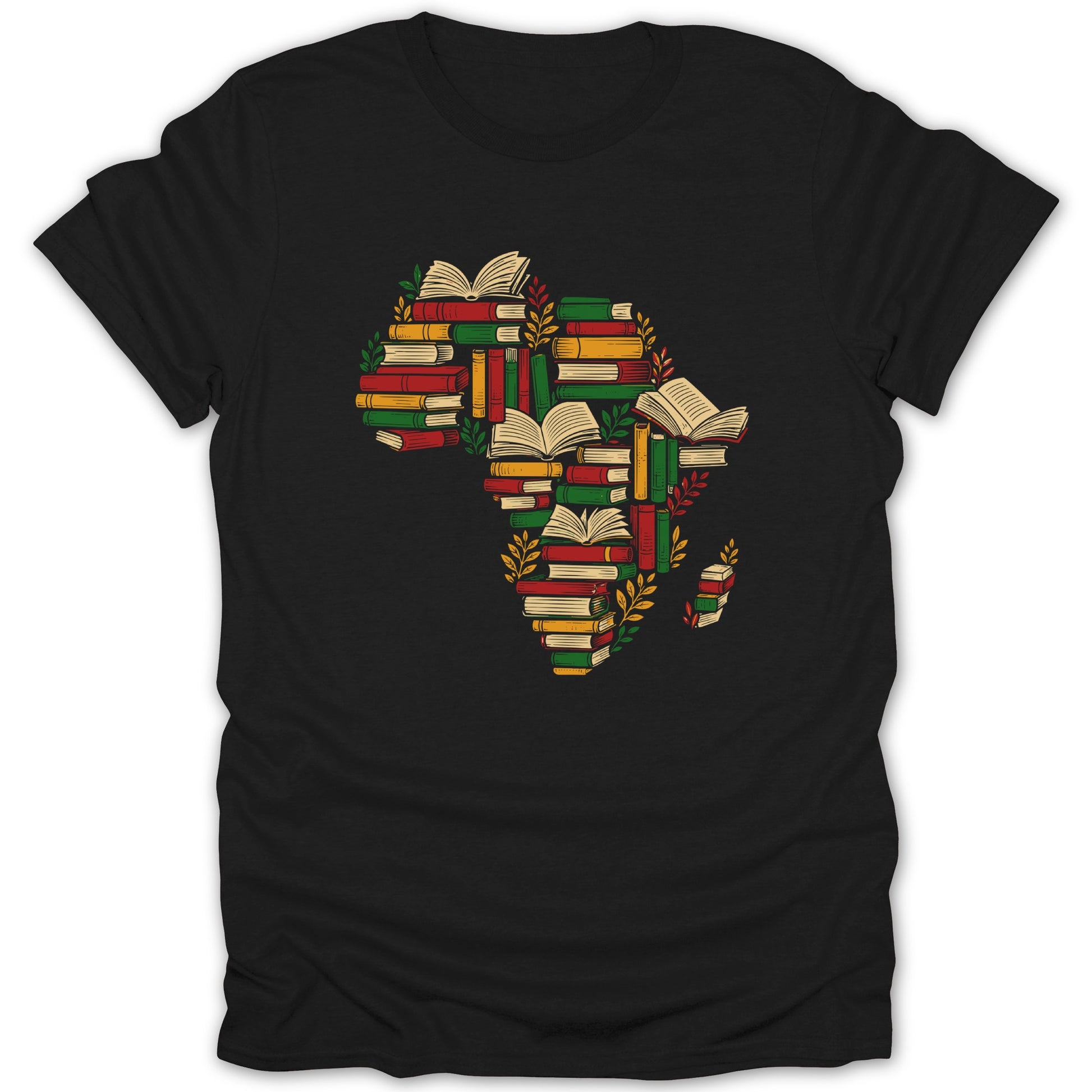 Continent of Africa shape formed by stacks of books and foliage on a black t-shirt.