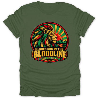 Green t-shirt with a lion and "Heroes Run in the Bloodline" text.