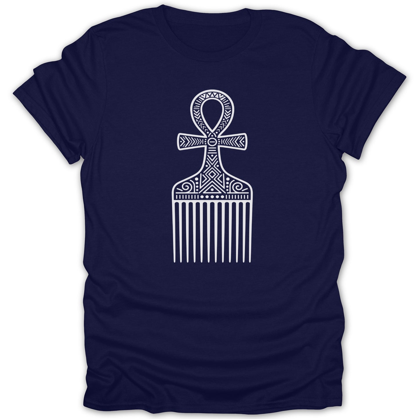 Dark blue t-shirt with white print of an ankh symbol melded with a hair comb.