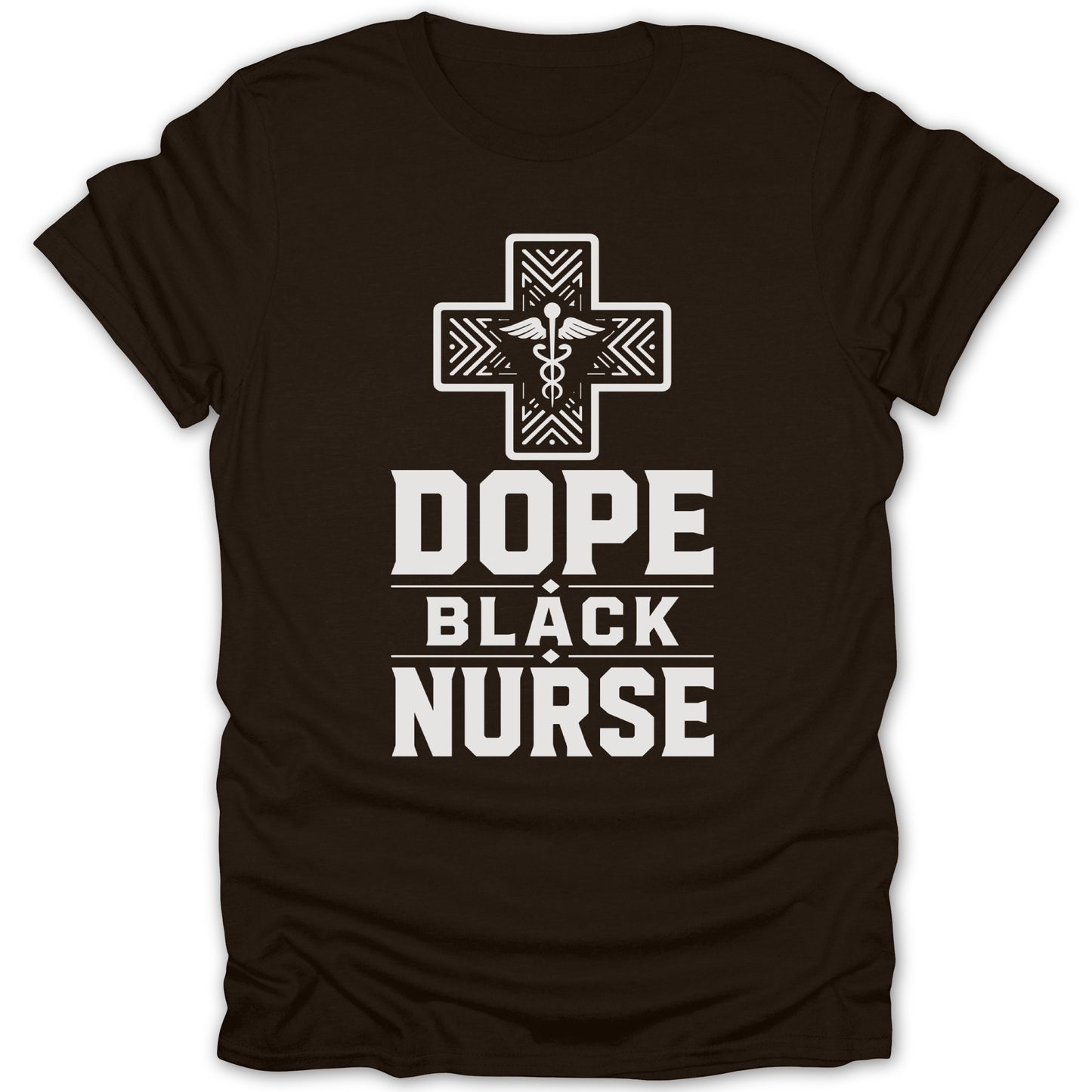 Black t-shirt with white "DOPE BLACK NURSE" text and medical cross logo.