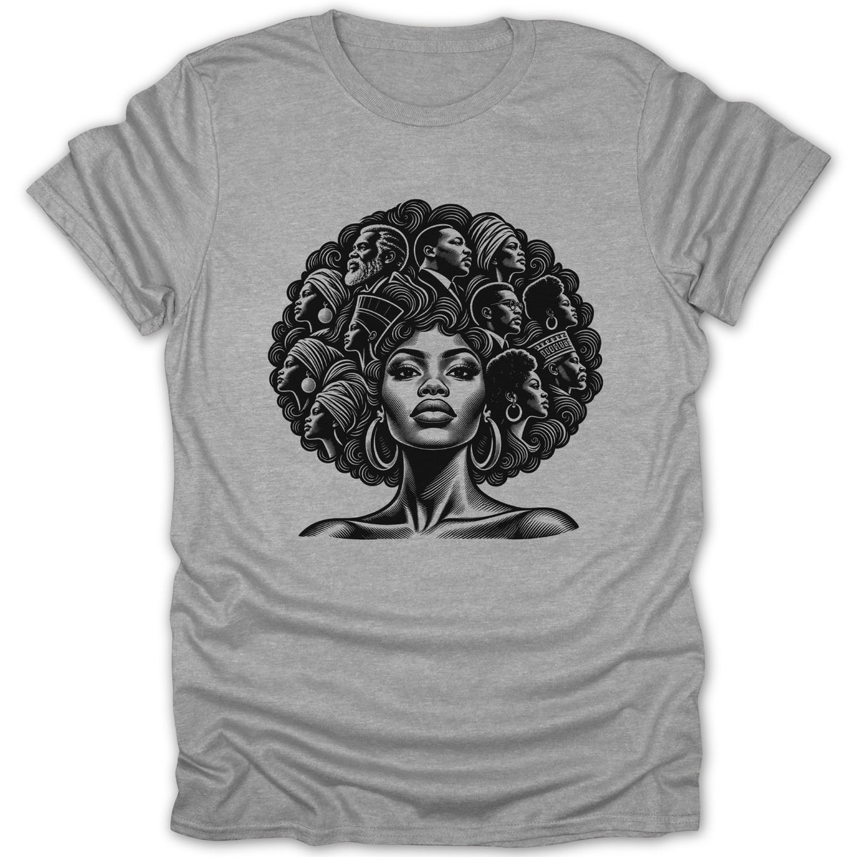 Black and white illustration of Black faces within a woman's afro on a gray t-shirt.