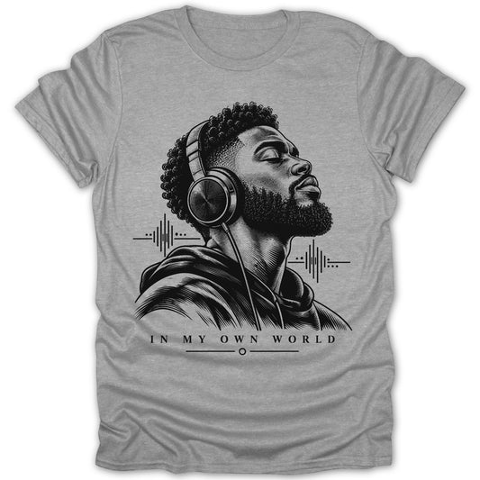 Black and white graphic of a man wearing headphones with text "IN MY OWN WORLD".