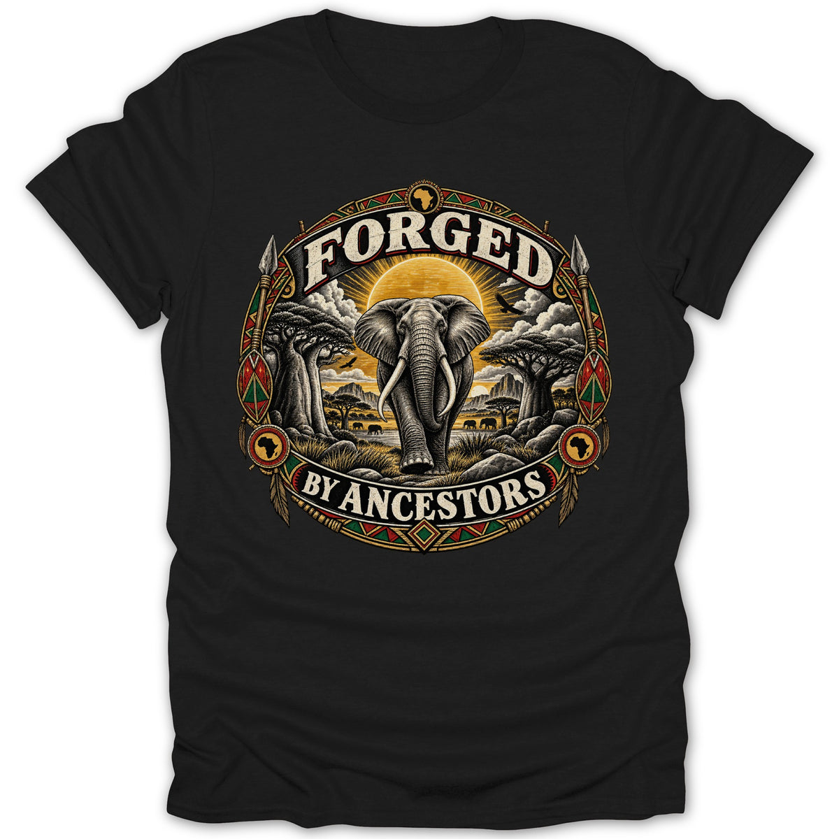 Black t-shirt with graphic featuring an elephant, baobab trees, and the text "FORGED BY ANCESTORS".