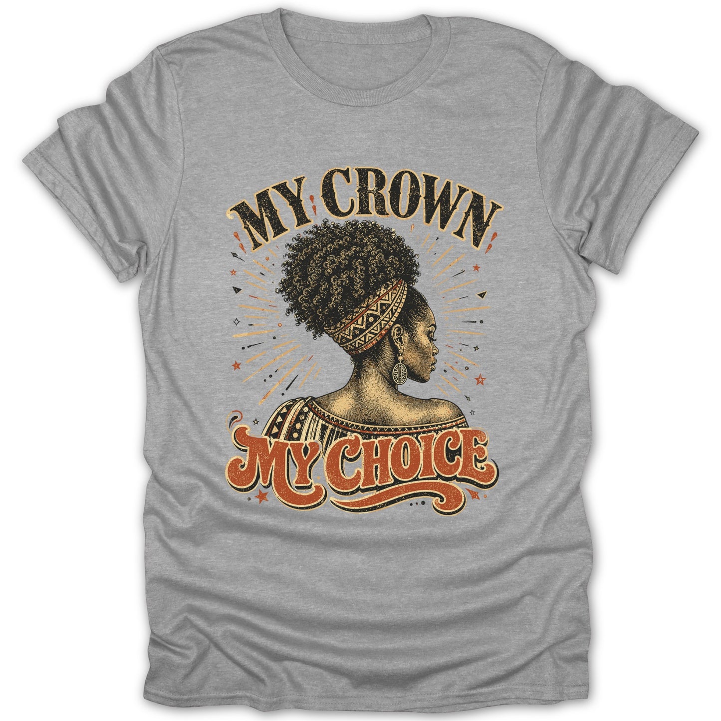 Grey t-shirt with black woman's profile and text "MY CROWN MY CHOICE".