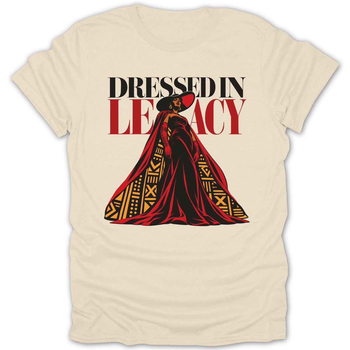 "Dressed in Legacy" text above illustration of woman in elegant red and black gown and cape.
