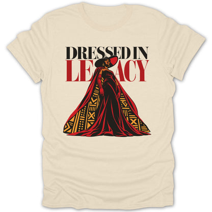 "Dressed in Legacy" text above illustration of woman in elegant red and black gown and cape.