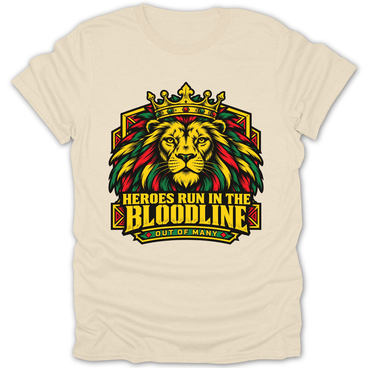 Cream t-shirt with a crowned lion and "Heroes Run In The Bloodline" text.