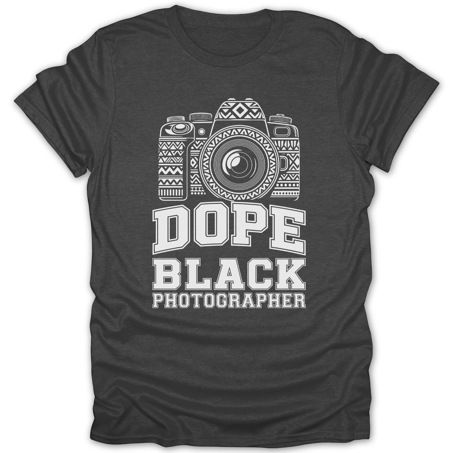 Dark t-shirt with white graphic of camera and text "DOPE BLACK PHOTOGRAPHER".