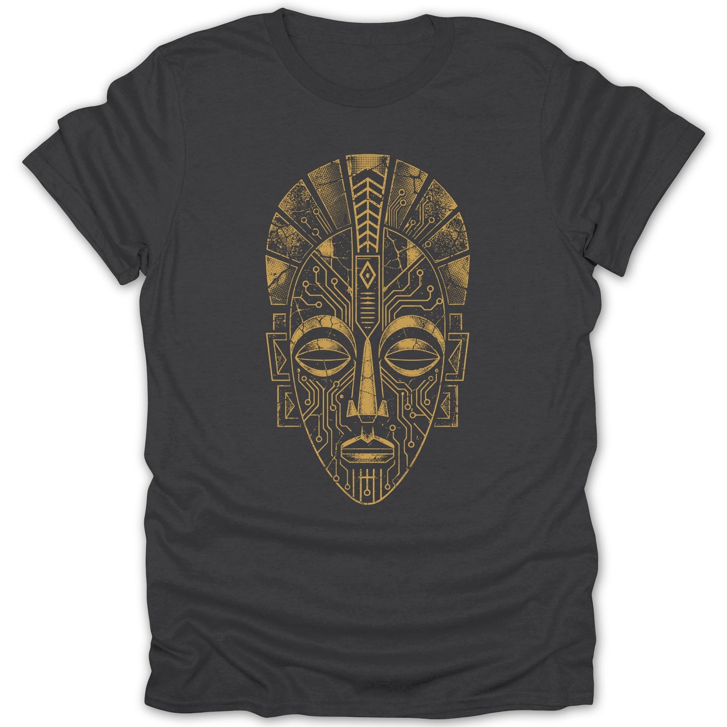 Dark grey t-shirt with a distressed gold tribal mask design incorporating circuit board patterns.